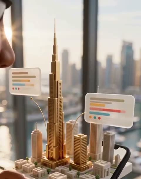 An agent holds a phone showing the Dubai skyline in 3D