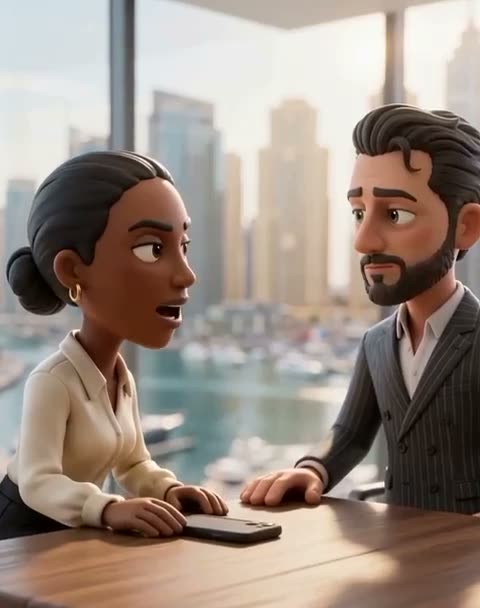 Two agents at a desk overlooking Dubai Marina