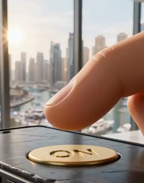 A finger presses a gold ON button on a black marble desk