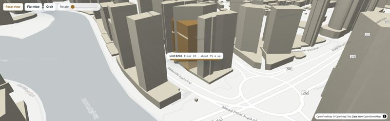 BRX Atlas: a 3D view of a Dubai community with one tower highlighted.