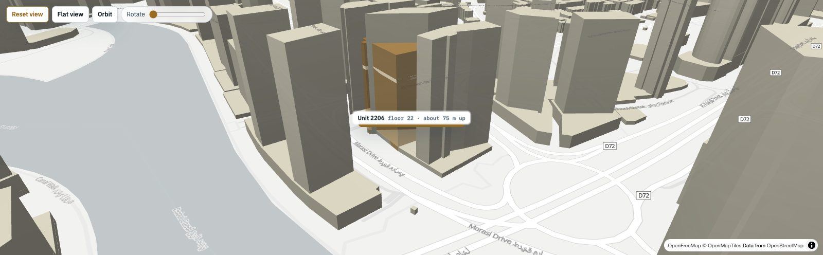 A 3D view of Business Bay. One tower is highlighted and a unit on floor 22 is marked.