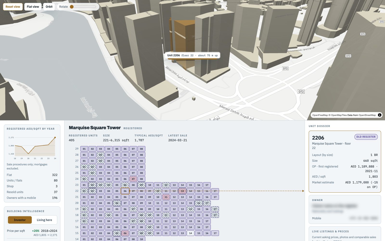 Owner Atlas preview: a 3D view of Business Bay with one tower highlighted, its floors drawn as a grid of units, and the owner card blurred.